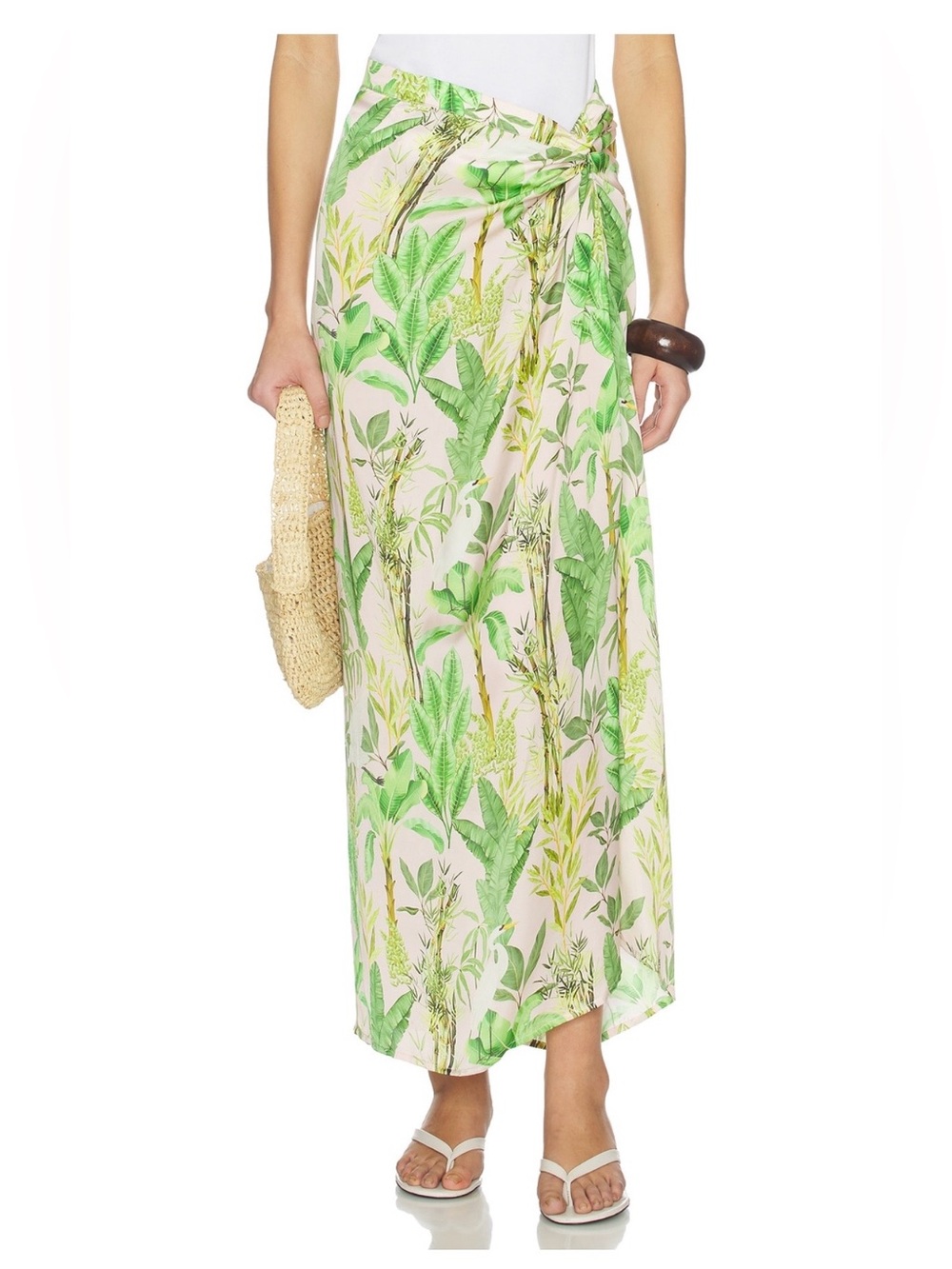 Hand Draped Tropical Maxi Skirt in Blush Foliage